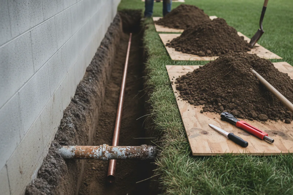 Excavated water line trench during Water Heater Repair in Underwood